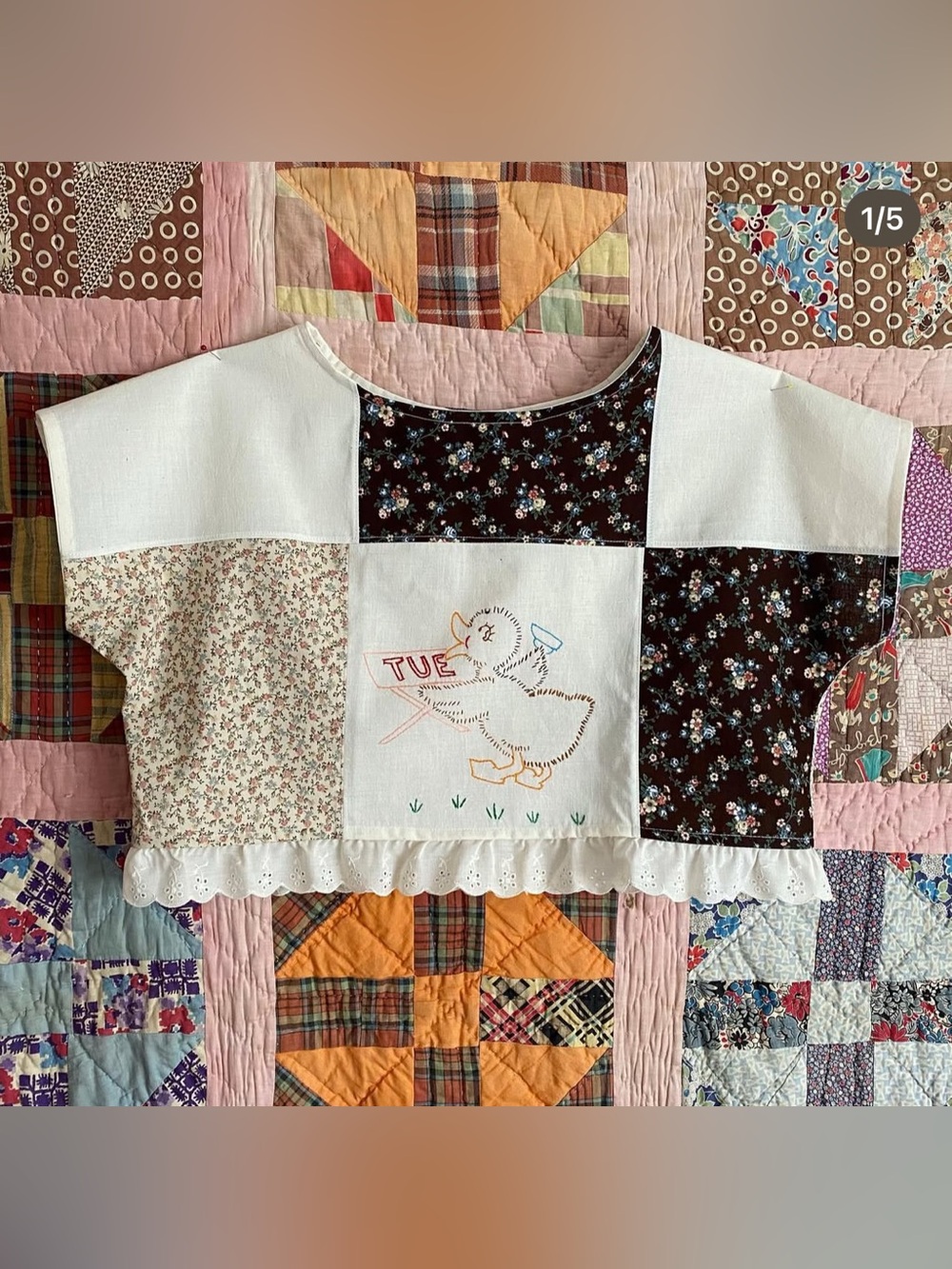 Handmade White & Brown Floral Patchwork Crop Top with Duck Embroidery